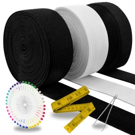 DailyTreasures 3 Pack 30 Yards Flat Elastic Bands,Mixed Size Elastic Knit Spandex Spool for Wig-Wide Elastic Spool Sewing Stretch Rope with Pins & Ruler for DIY Sewing Crafts(Black & White)