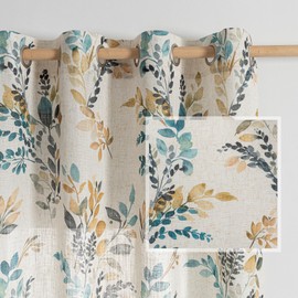 MYSKY HOME Curtains for Living Room Semi Sheer 84 inch Length Light Filtering Privacy Protect Drapes Set Linen Blended Texture Soft Touch Leaves Pattern Treatment, 52" Wide, Yellow and Blue, 2 Panels