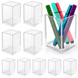 10 Pack Clear Acrylic Pen Holder for Desk, Pencil Cup Makeup Brush Organizer, Square Acrylic Pencil Holders for Office School Home Supplies, Desktop Stationery Organizer for Pens Markers Brushes