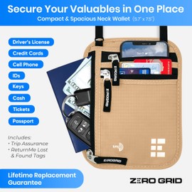 Neck Wallet for Travel & Passport Holder with RFID Blocking - Slim & Easy to Conceal Nylon Travel Pouch for men & women - Holds Phone, Cash, Cards, Keys - Sweat & Water Resistant - Large - Desert Sand