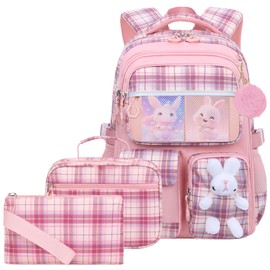 KBGPW 3pcs Girls Backpack With Lunch Box & Pencil Case,Cute Rabbit Kids School Backpack Set For Kindergarten & Elementary School (Style B Pink-16.5in)