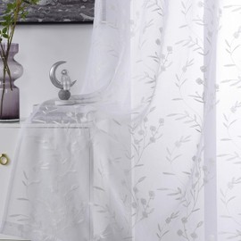 Sheer Curtains White 45 Inches Long Floral Embroidery Rod Pocket Voile Drapes for Living room, Bedroom, Window Treatments Semi Lace Outdoor Curtain Panels for Yard, Kitchen, Villa, Set of 2, 52"x 45".