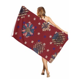 Beach Towel 35x71in,Quick Dry Bath Towels,Sand Proof Microfiber Beach Blanket 4th of July Stars Sunflower Flower on Red Oversized Absorbent Pool Blankets for Adult/Boys/Girls/Teens USA Flag Theme