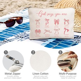 CYLDGNS God Says I Am Coquette Bow Christian Makeup Bag, Coquette Aesthetic Bible Verse Gift, Cosmetic Bags, Accessory Pouch, for Daughter, Sister, Girls, Teens Birthday Gifts (God Says You Are)