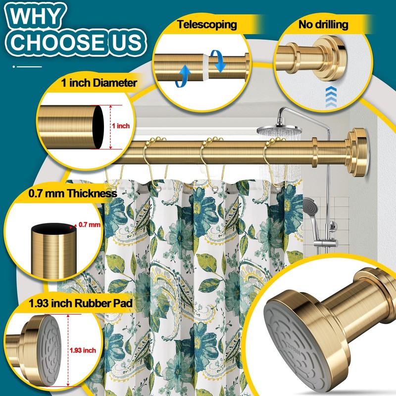 Gold Tension Shower Curtain Rod 36-84 Inch(3-7ft) Never Rust No