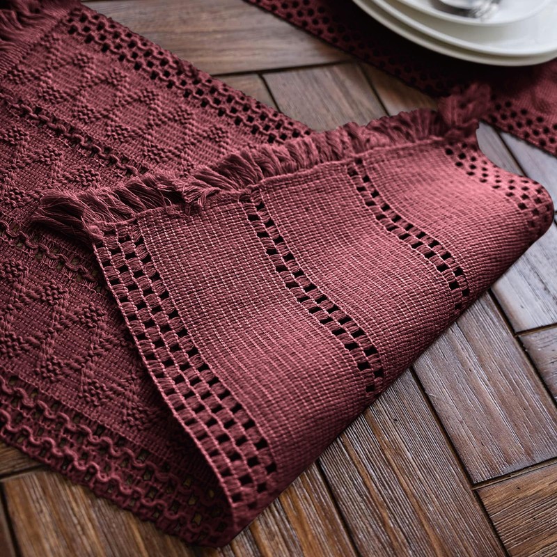 Weldomcor Macrame Table Runner Burgundy Boho Table Runner with Tassels
