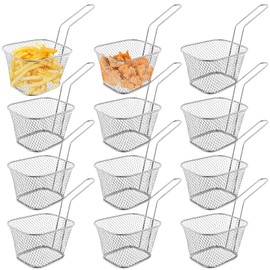 Pack of 12 French Fries Baskets, Deep Fryer Basket, Silver Fryer Basket for Serving, Small Stainless Steel Chip Basket with Handle, Serving Basket for Fries, Shrimps, Onion Rings