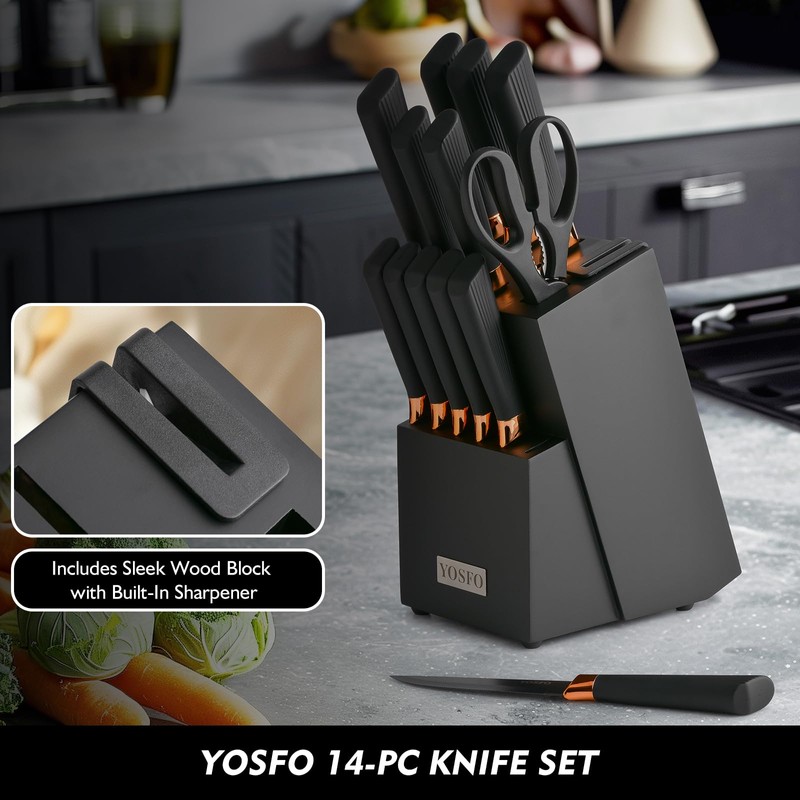 YOSFO Kitchen Knife Set,15 Pcs Knife Set with Block and