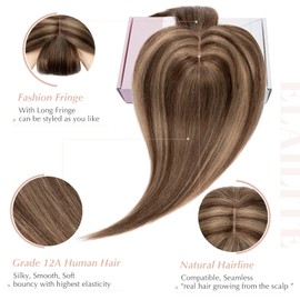 Elailite Hair Topper Extensions Women Toupee with Bang 100% Remy Real Hair 7 x 13 cm Base Clip in Hair Thickening #4P27 Medium Brown/Dark Blonde - 40 cm