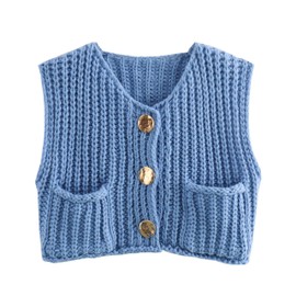 Hvewarm Womens Casual Chunky Knit Vest Gold Button Down Crop Crochet Sleeveless Sweater Vest (Blue-S)