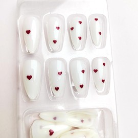 Red Love Heart Press on Nails Medium Almond Valentines Day Fake Nails with Red Love Heart Design Milky White False Nails Valentine Love Heart Glue on Nails Artificial Stick on Nails for Women Girls