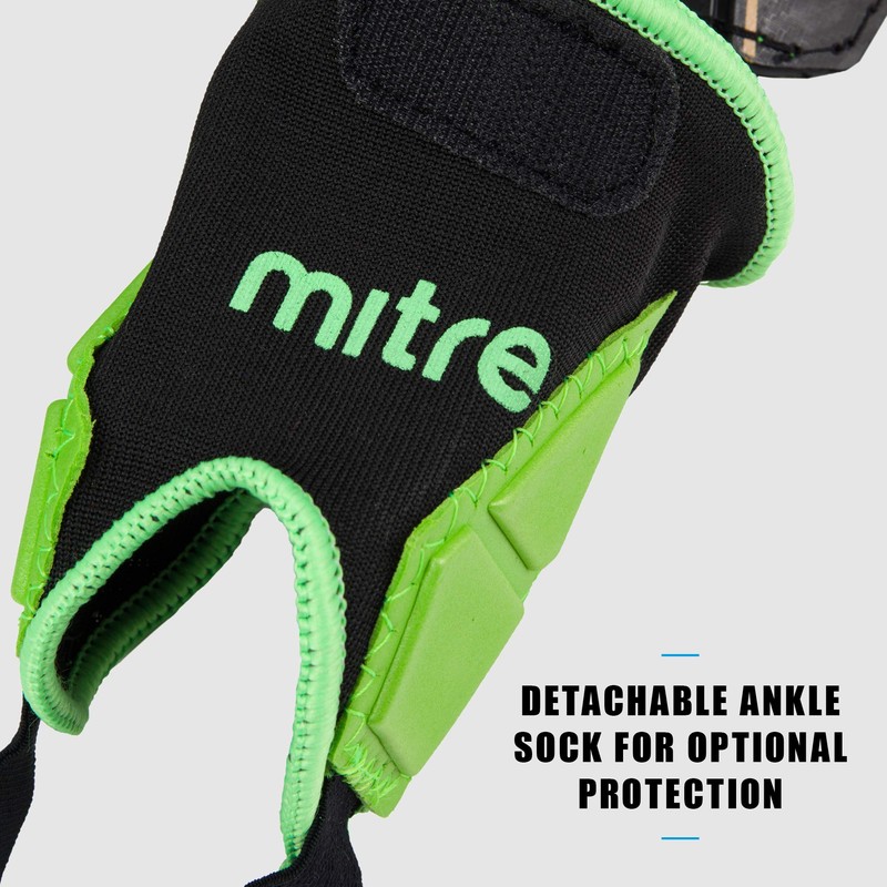 Mitre Delta Ankle Protect Football Shin Pads, Black (Black/Green/Yellow)