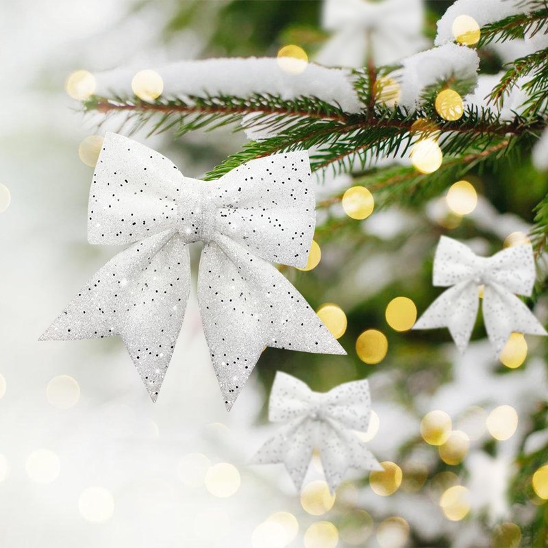 Hyran Pack of 10 Christmas Tree Bows, Glitter Christmas Bows,
