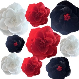 BRT Bearingshui Crepe Paper Flowers Decoration for Wall Total 9 Pcs, Artificial Flowers for Wedding Flower Backdrop Decor, Baby Bridal Shower Birthday Party, Red Black White 3D Wall Flowers Decor