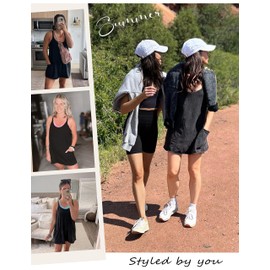 Yidarer Womens Summer Athletic Mini Dress Sleeveless Spaghetti Strap Built-in Shorts V Neck Sundress with Pockets (Black-XL)