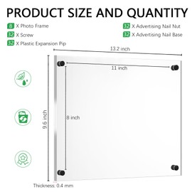 Yalikop 8 Pack Acrylic Floating Picture Frame 8.5 x 11 Inches Wall Mount Frameless Photo Frames Double Panel Clear for Home Office Photo Display, Full Size 9.6 x 13.2 Inch(Black)