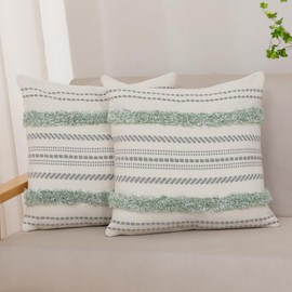MissOwl Set of 2 Boho Tufted Throw Pillow Covers Modern Farmhouse Garden Decorative Pillowcase Cushion Cover for Couch Sofa Bed Living Room 18x18 Green