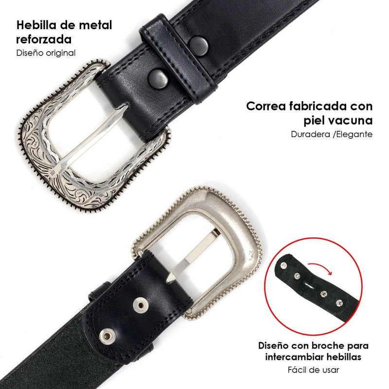 Cinturón de Piel Vacuna con Hebilla Vaquera Vintage (Negro, 38)