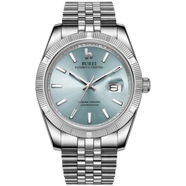 BUREI Men's Wristwatch, Automatic Winding, Waterproof, Analog, Mechanical Watch, Popular, Business, Date, Brand Watch, Simple, Casual, Luminous Watch, blue (light), Bracelet Type