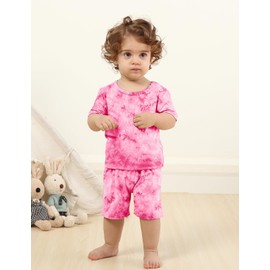 Jimonda Kids Soft Rayon From Bamboo Sleepwear Short Sleeve Boys Girls Pajama Outdoor 4-Piece tops&shorts Casual sets Tie Dye PJ(Pink&Orange,11-12Y)