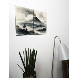 The Plum Penguin Serene Volcano Nihonga-Inspired A4 Wood MDF Wall Art Duo, Tranquil Nature Scene