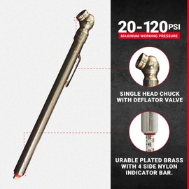 Milton S-925 Pencil Tire Pressure Gauge for Trucks, RV’s & Bicycle Tires, Single Head Chuck with Built-in Deflator Valve, Durable Plated Brass, Pressure Measured in PSI & kPa