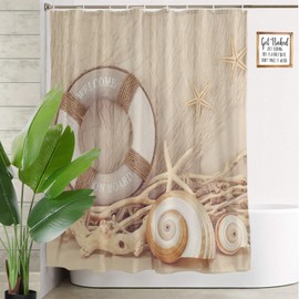 Olikked Coastal Shower Curtain 72x72 Inch Starfish Conch Lifebuoy Fishnet On Wooden Board Summer Bathroom Curtain Machine Washable Waterproof Fabric
