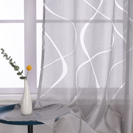 Delien Curtain Scarves, Burnout Transparent Curtains with Ruffle Tape, Modern "Waves" Window Curtains, Living Room, Area Curtains, Decorative Curtains with Wave Pattern, Pack of 1, Grey, W x H 140 x