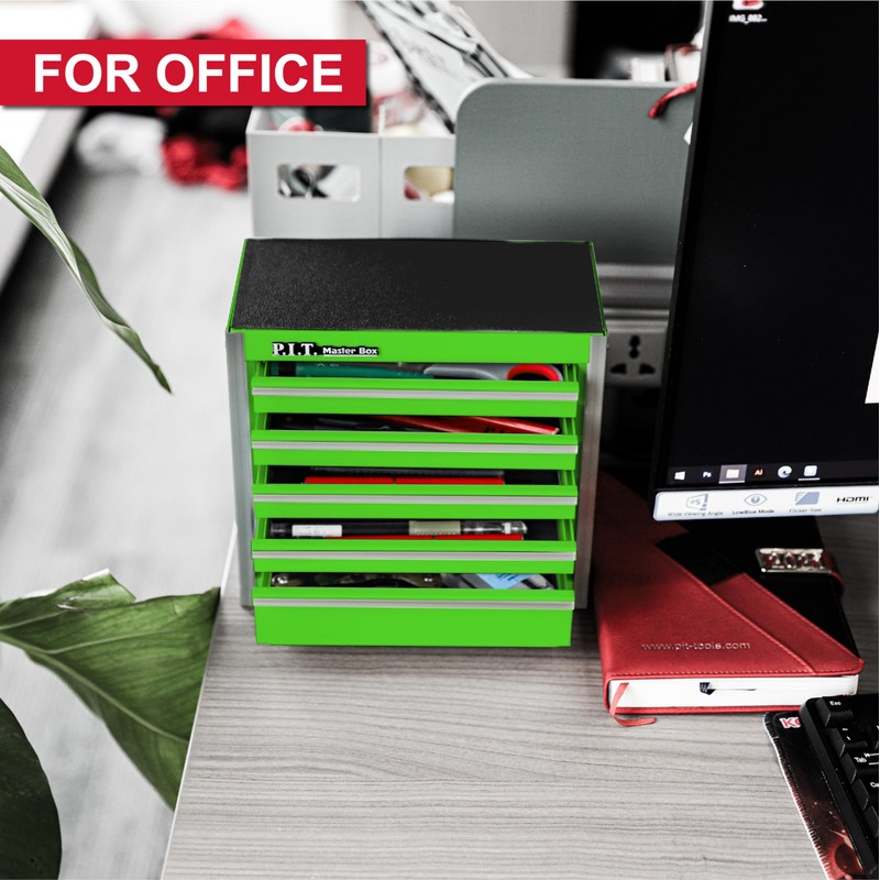 P.I.T. Mini Green Tool Box, Portable 5-Drawer Micro Roll Cab