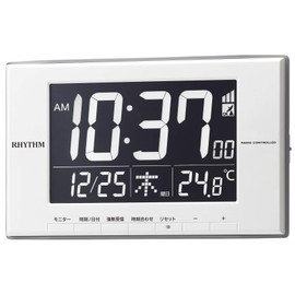 Rhythm Alarm Clock, Atomic Clock, Thermometer, Calendar, LED, White, 4.7 x 7.6 x 0.8 inches (12 x 19.4 x 2.1 cm), 8RZ209SR03