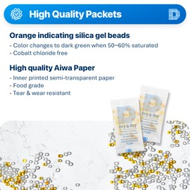 Dry & Dry 1 Gram [50 Packets] Orange Indicating Silica Gel Packets Desiccants - Food Safe Silica Packs, Silica Gel, Silica Packets, Desiccant Packs for Food Storage
