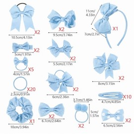 55Pcs Girls School Hair Accessories Sky Blue Bow Hair Clips Bow Headband Ponytail Holder Elastics Bands Ribbon Hair Barrettes Girls Hair Accessories Christmas Birthday Gift