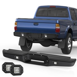 KUIPERAUTO Black Rear Step Bumper Assembly Compatible for 1995-2004 Toyota Tacoma Pickup with LED Square Light Steel Complete Back Bumpers