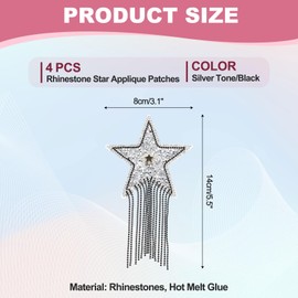 PATIKIL Star Rhinestone Patches, 4 Pcs Star Shape Iron on Applique Patches Rhinestone Applique Glitter Crystal Patches with Black Tassel for Shoes Clothes Pants Bags, Silver Tone