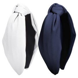 Wecoe 2 Pack Knotted Headbands For Women Navy Blue White Wide Headbands Hair Bands for Women's Hair Non Slip Fashion Cloth Headbands Hair Accessories For Women Girls Diademas Coreanas Para Mujer Gifts