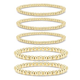 LIAN Gold Bead Ball Layered Bracelets for Women 14K Gold Plated Ball Chain Bracelets Stackable Stretch Elastic Gold Bracelets(Gold 5pcs)