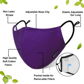 Euroca Cloth Face Mask 3 Layer Reusable Washable and Adjustable with Filter Pocket for Adult -1 Pack with 2 Filters included (Purple, Small)