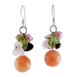 NOVICA Artisan Handmade Cultured Freshwater Pearl Rose Quartz Cluster Earrings Beaded Dangle .925 Sterling Silver Peridot Multigem Garnet Multicolor Thailand 'Strawberry Fantasy'