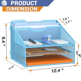 GAWERK Letter Tray Organizer, Mesh Desk File Organizer with 3 Paper Trays and 2 Vertical Upright Section (Blue)