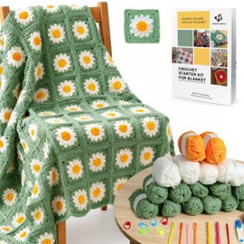 HHSarioneiro Crochet Blanket Kit for Beginners, Easy Granny Square Crochet Kit for Adults,with Step-by-Step Instructions and Clear Videos, Includes Multiple Accessories, Gift for Craft Lovers