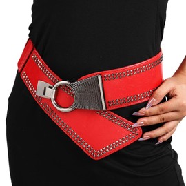 Ursumy Women Vintage Wide Elastic Belt 80s Punk Belt Rivet-Studded Thick Leather Belt Leopard print Belt forJeans Dress (Red)