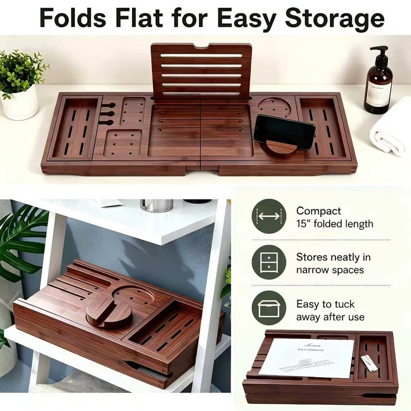 Bamboo Bathtub Tray, Expandable Foldable Bath Caddy, Walnut