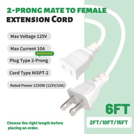 6FT Short White Slim 2 Prong Polarized Extension Cord ，10A/125V/1250W Male to Female Indoor Thin, Single Outlet for Small Home Appliances, Lamps, Chargers, Office Electronics & Festive Decor