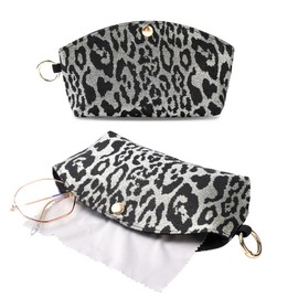 Soft Eyeglass Cases for Women Men Sunglasses Case with Clip Glasses Holder With Cleaning Cloth (Jacquard cloth- Leopard print (Black Silver))
