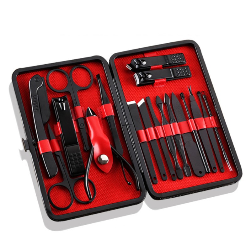 18PCS Nail Clippers Set Black Stainless Steel Portable High Strength