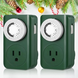 Dreyoo 2 Pack Christmas Mechanical Outlet Timer, 24 Hour Plug In Light Timer, Electric Outlet Mechanical Timer for Lighting Outdoor and Indoor, 3 Prong Wall Timer Switch for Lamps Fans, Green