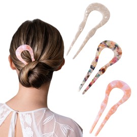 OIIKI 3pcs French U Shaped Hair Forks Pins Sticks for Buns Thick Long Hair, 4.4inch Large Wavy French Hair Pins, Tortoise Shell 2 Prong U-shape Hairpins Hair Accessories for Women Girls