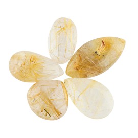 CRYSTALINES 5pcs Natural Golden Rutile Quartz Gemstones, Wholesale Cabochon, Polished Stones, DIY Jewelry Making, Loose Supplies, Protection Healing Crystals, Real Gem Cabs, Wire Wrapping