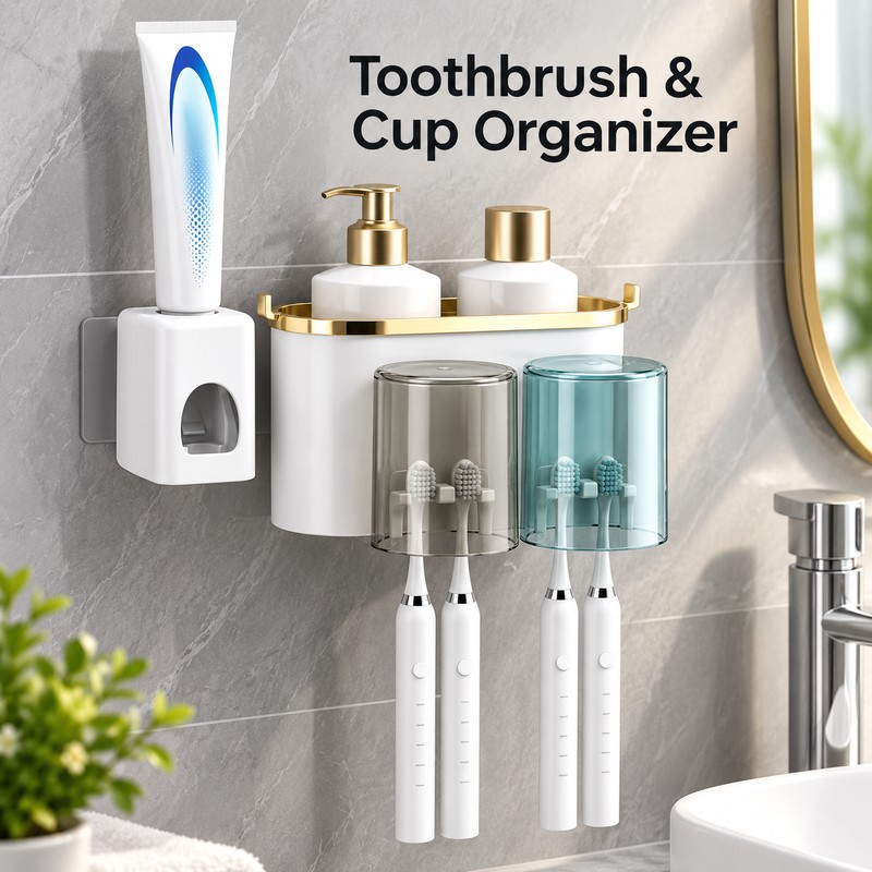 Wall Mounted Toothbrush Holder with Toothpaste Squeezer – Multifunctional Bathroom