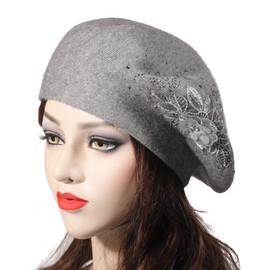 ZLYC Womens French Beret hat, Reversible Solid Color Cashmere Mosaic Warm Beret Cap for Girls (Flower Gray),One Size